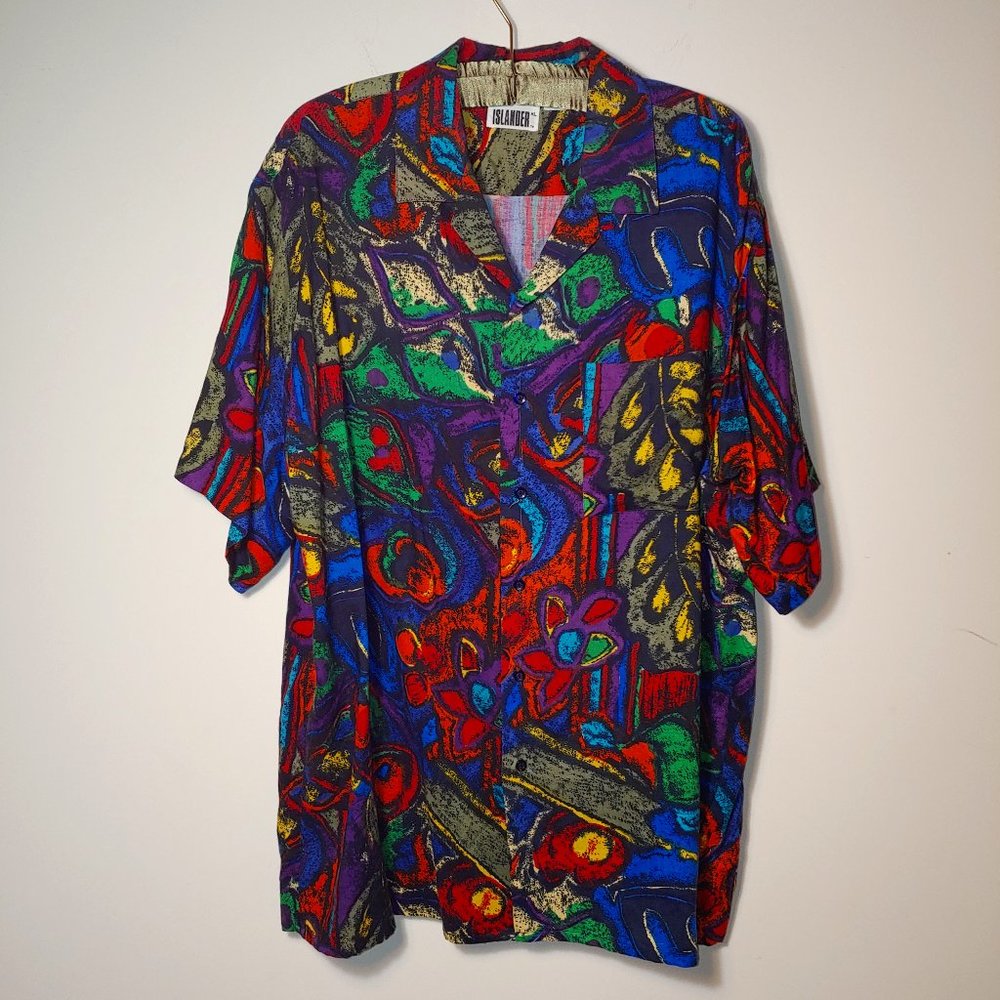 Vintage Islander Multicolor Abstract Print Button Down Short Sleeve Shirt XL Red